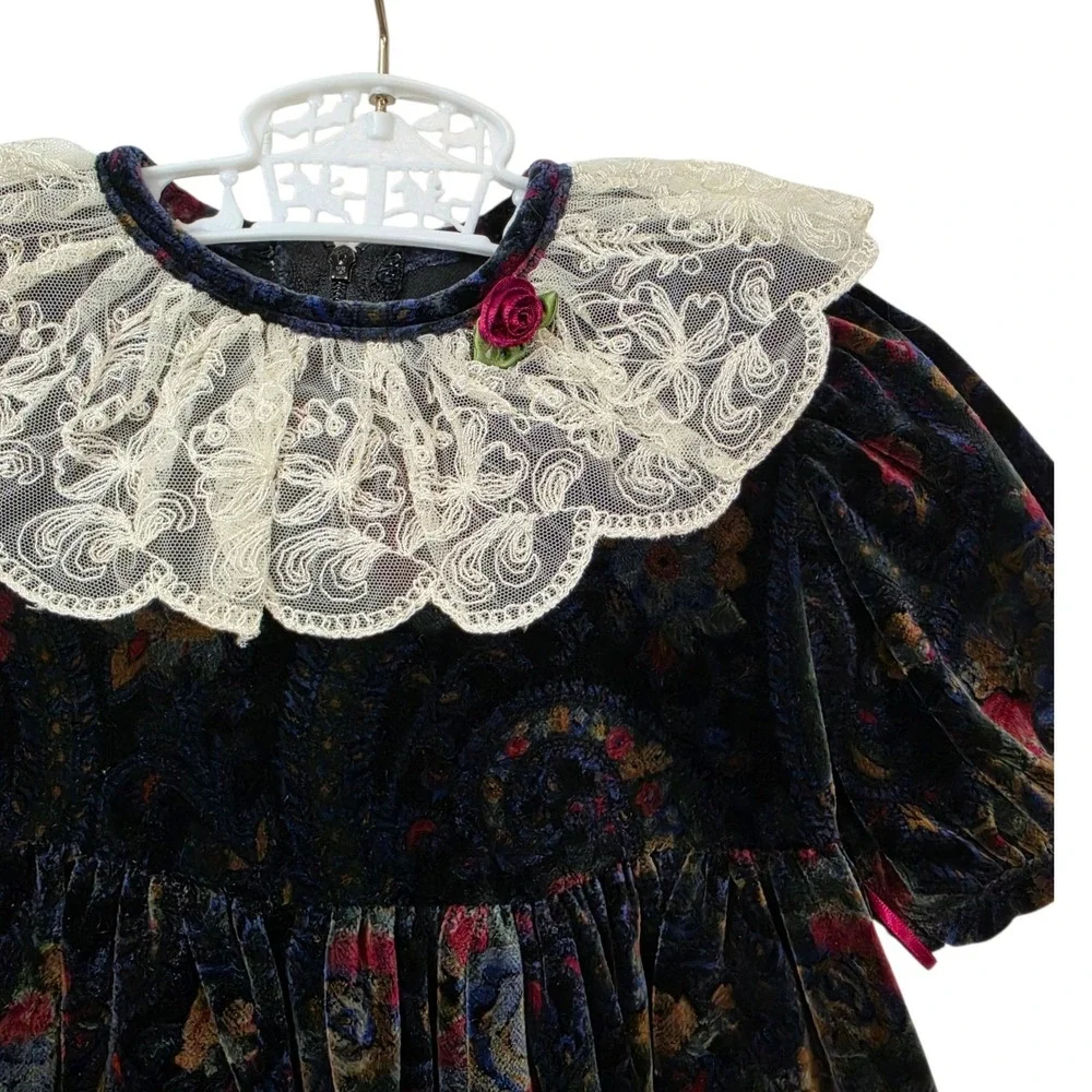 Vintage Girls Velvet Paisley Floral Dress Lace Collar Navy Blue Burgundy 4T